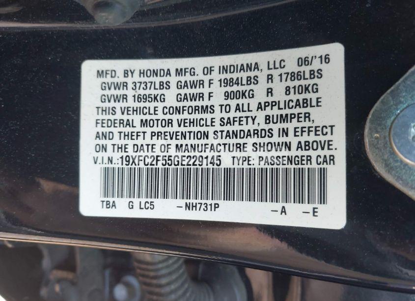 Photo 9 of 2016 Honda Civic LX (VIN 19XFC2F55GE229145)