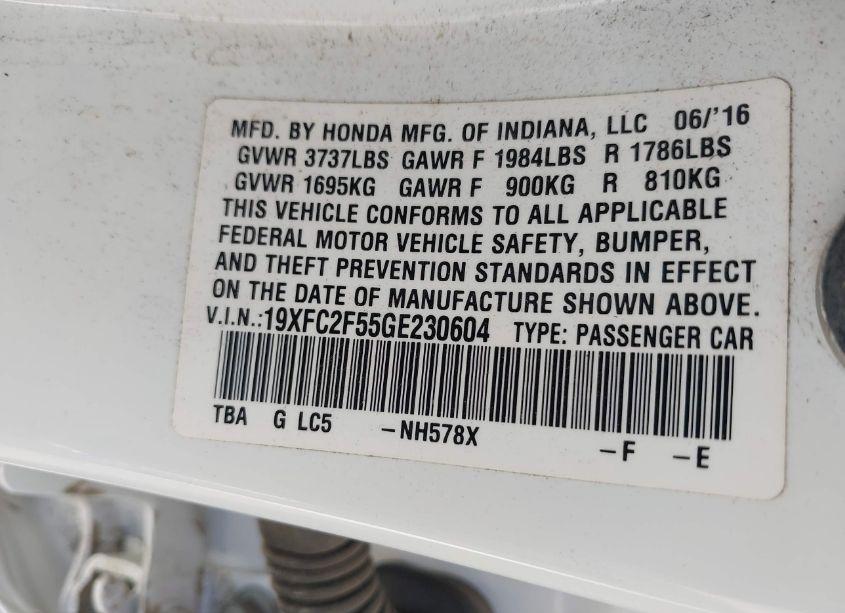 Photo 9 of 2016 Honda Civic LX (VIN 19XFC2F55GE230604)