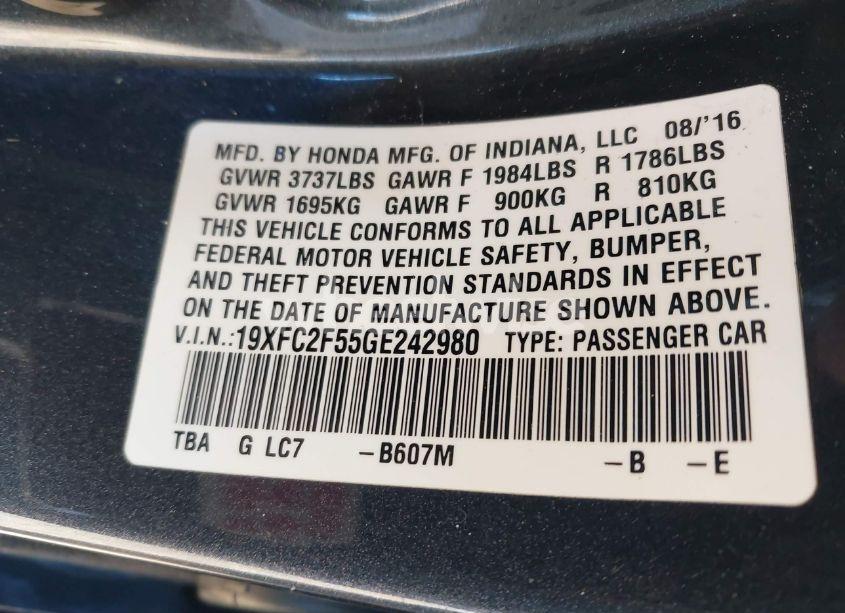 Photo 9 of 2016 Honda Civic LX (VIN 19XFC2F55GE242980)