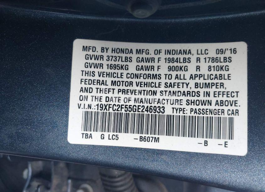 Photo 9 of 2016 Honda Civic LX (VIN 19XFC2F55GE246933)