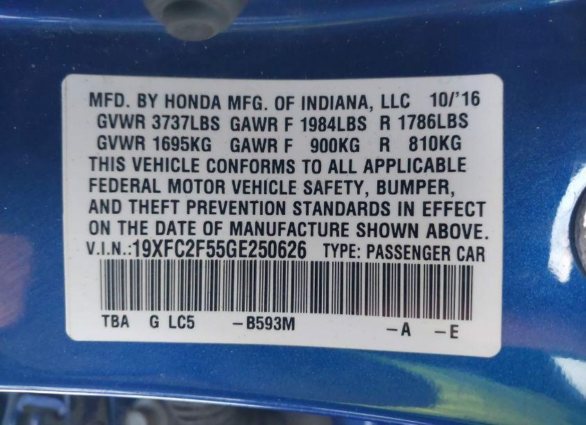 Photo 9 of 2016 Honda Civic LX (VIN 19XFC2F55GE250626)