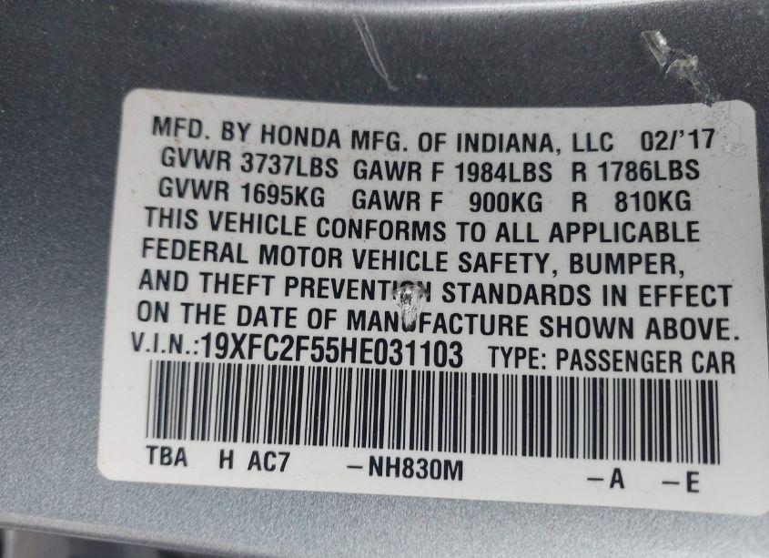 Photo 9 of 2017 Honda Civic LX (VIN 19XFC2F55HE031103)