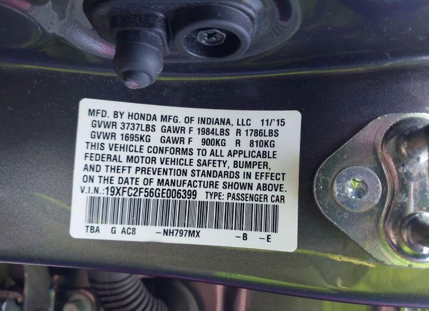Photo 9 of 2016 Honda Civic LX (VIN 19XFC2F56GE006399)