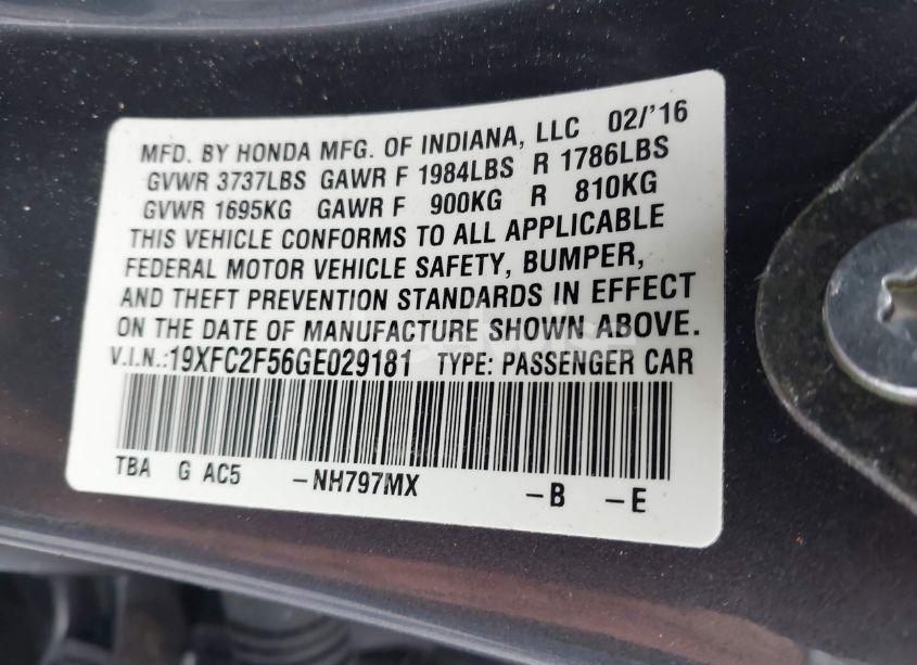 Photo 9 of 2016 Honda Civic LX (VIN 19XFC2F56GE029181)