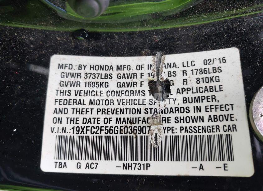 Photo 9 of 2016 Honda Civic LX (VIN 19XFC2F56GE036907)