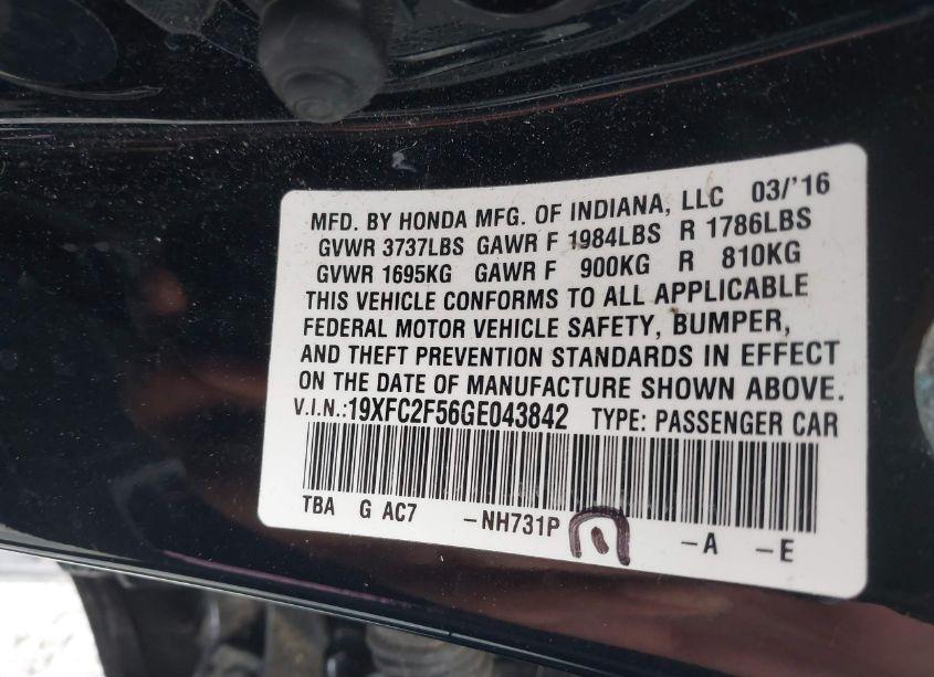 Photo 9 of 2016 Honda Civic LX (VIN 19XFC2F56GE043842)