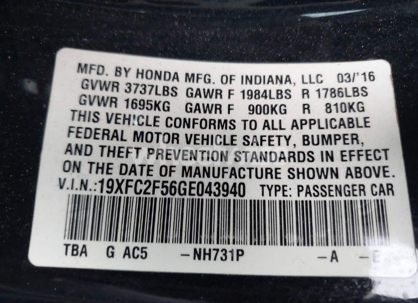 Photo 9 of 2016 Honda Civic LX (VIN 19XFC2F56GE043940)