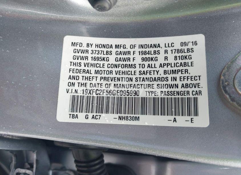 Photo 9 of 2016 Honda Civic LX (VIN 19XFC2F56GE095990)