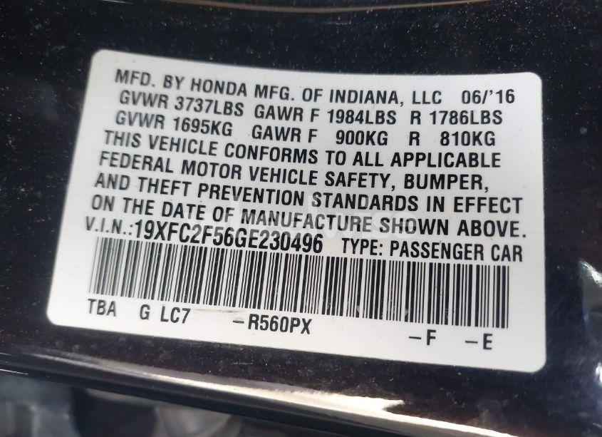 Photo 9 of 2016 Honda Civic LX (VIN 19XFC2F56GE230496)