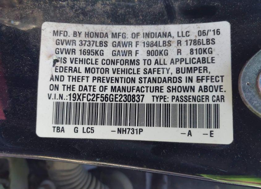 Photo 9 of 2016 Honda Civic LX (VIN 19XFC2F56GE230837)