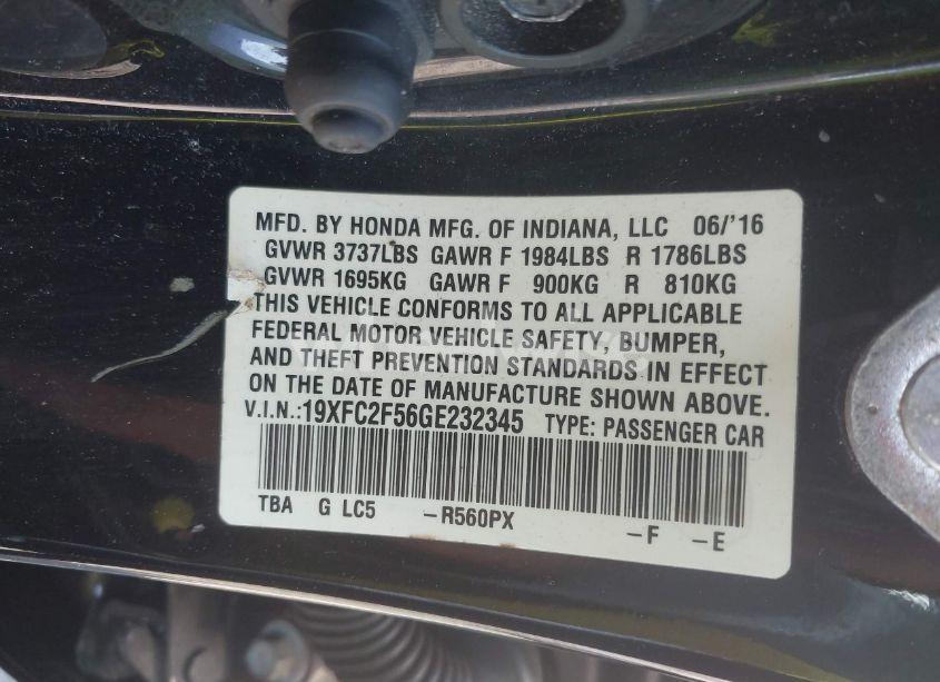 Photo 9 of 2016 Honda Civic LX (VIN 19XFC2F56GE232345)