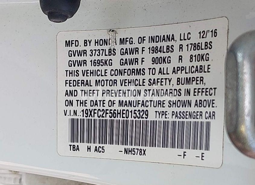 Photo 9 of 2017 Honda Civic LX (VIN 19XFC2F56HE015329)