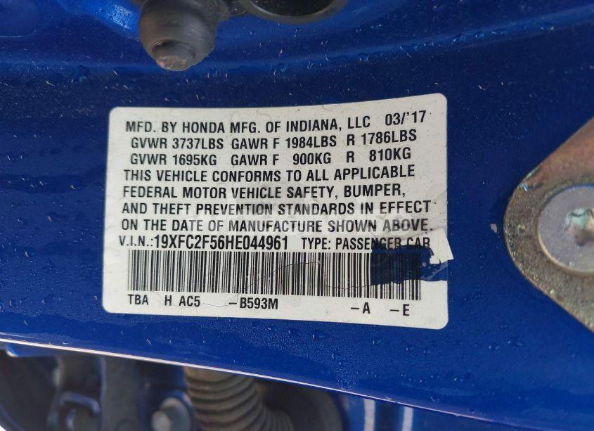 Photo 9 of 2017 Honda Civic LX (VIN 19XFC2F56HE044961)