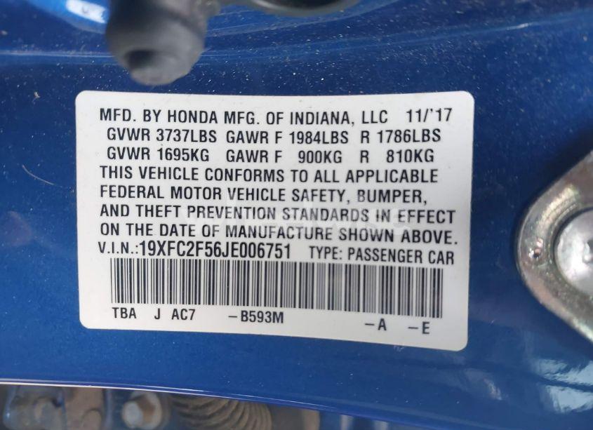 Photo 9 of 2018 Honda Civic LX (VIN 19XFC2F56JE006751)