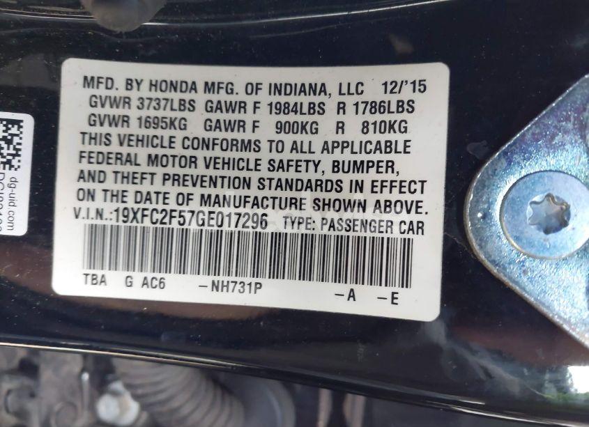 Photo 9 of 2016 Honda Civic LX (VIN 19XFC2F57GE017296)
