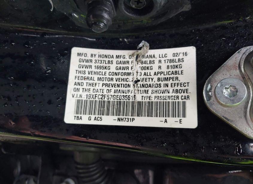 Photo 9 of 2016 Honda Civic LX (VIN 19XFC2F57GE035619)