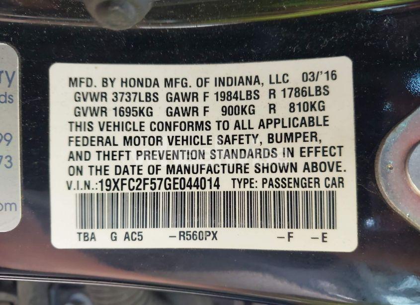 Photo 9 of 2016 Honda Civic LX (VIN 19XFC2F57GE044014)