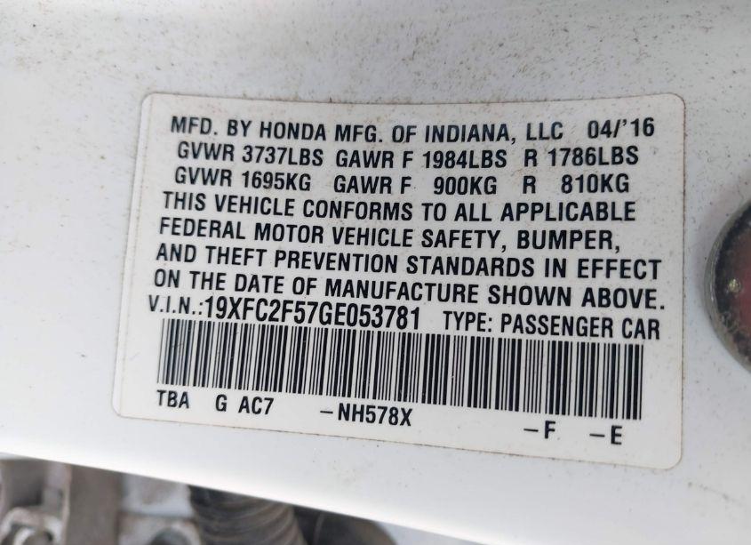 Photo 9 of 2016 Honda Civic LX (VIN 19XFC2F57GE053781)