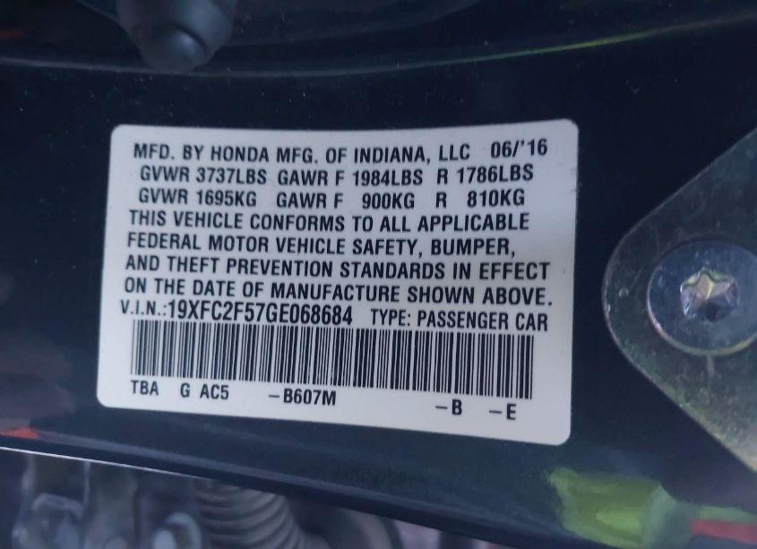 Photo 9 of 2016 Honda Civic LX (VIN 19XFC2F57GE068684)