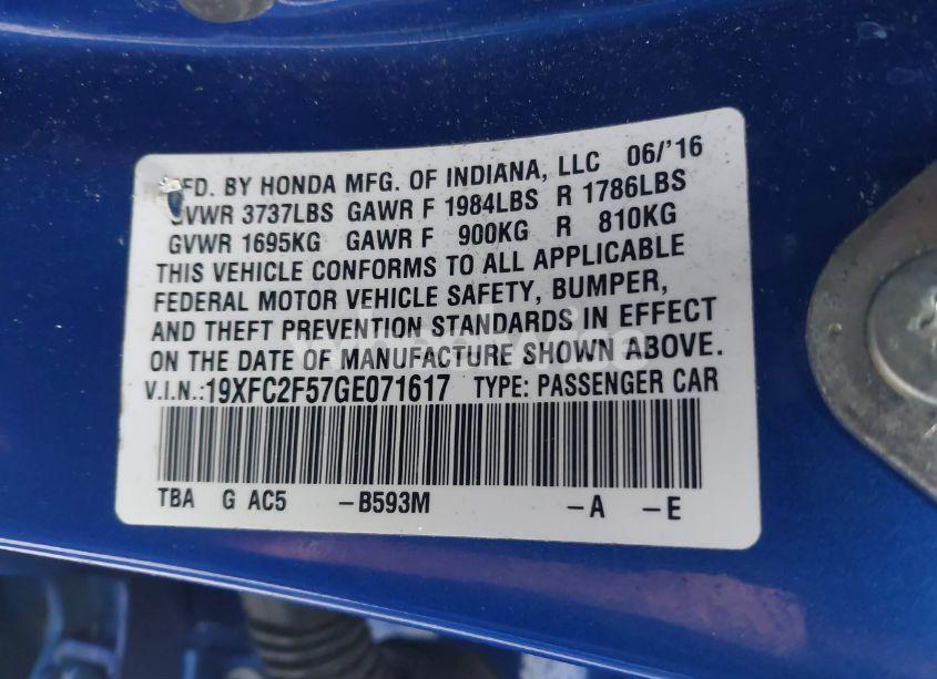 Photo 9 of 2016 Honda Civic LX (VIN 19XFC2F57GE071617)