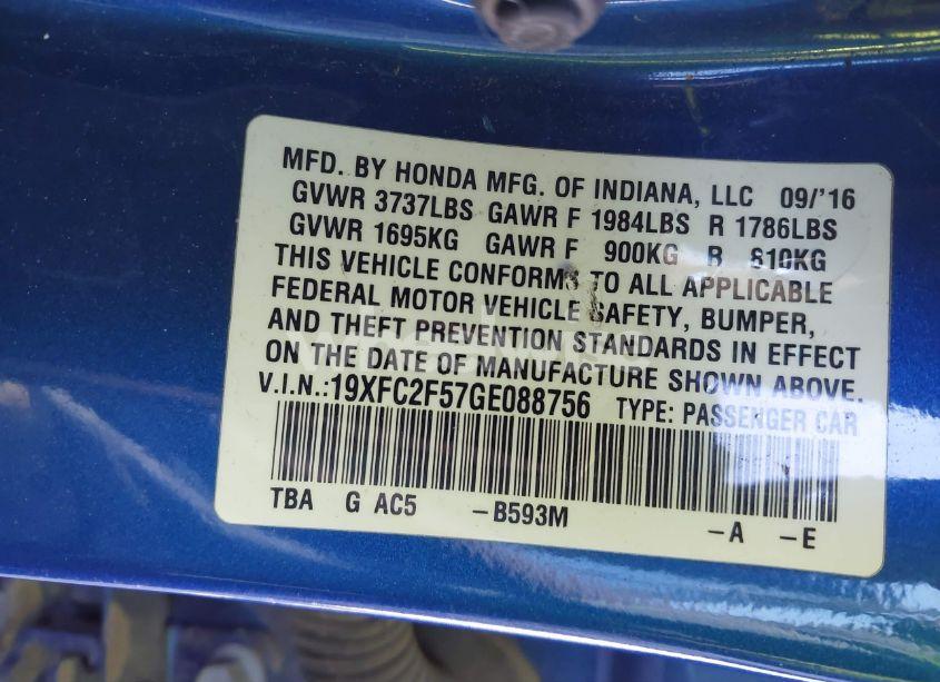Photo 9 of 2016 Honda Civic LX (VIN 19XFC2F57GE088756)