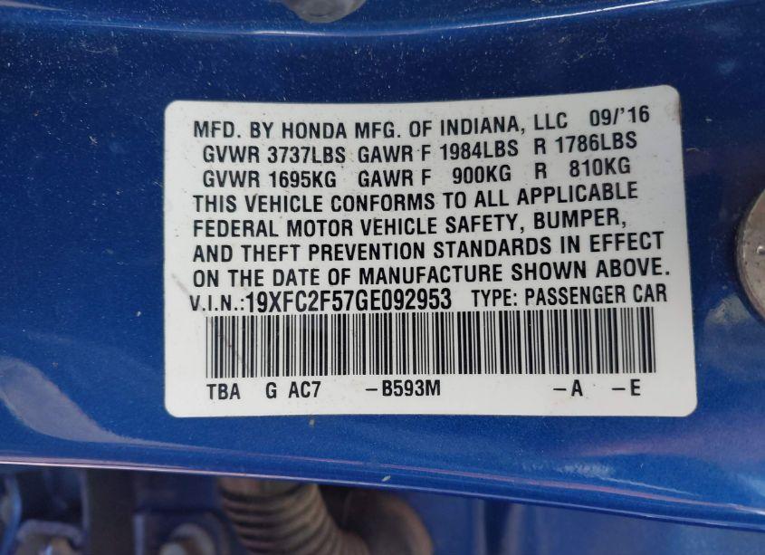 Photo 9 of 2016 Honda Civic LX (VIN 19XFC2F57GE092953)
