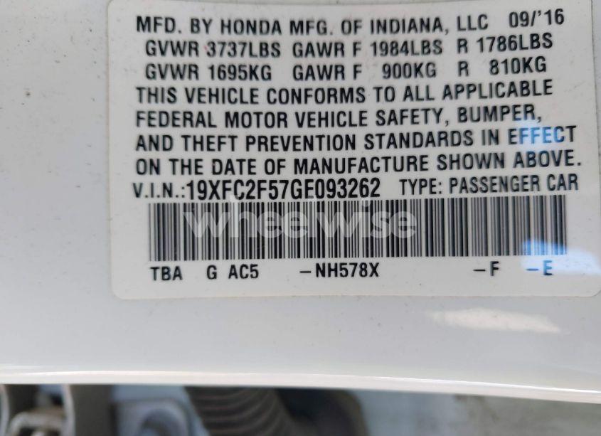Photo 9 of 2016 Honda Civic LX (VIN 19XFC2F57GE093262)