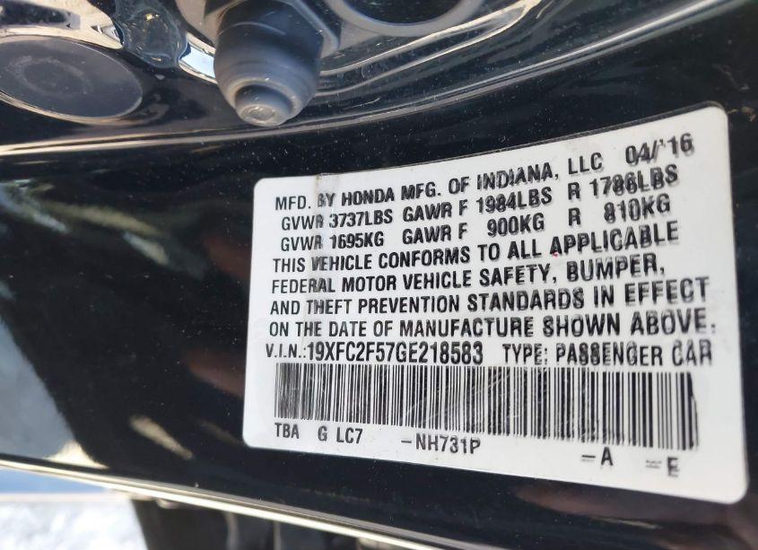 Photo 9 of 2016 Honda Civic LX (VIN 19XFC2F57GE218583)