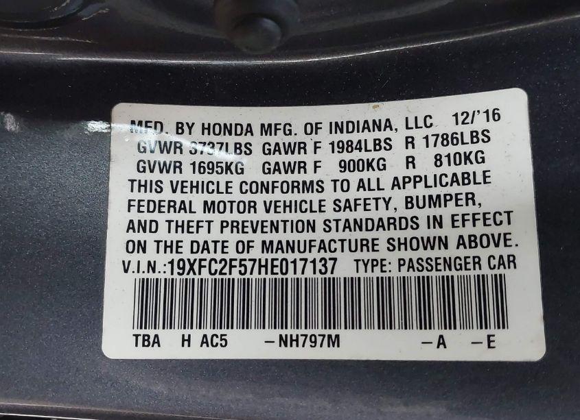 Photo 9 of 2017 Honda Civic LX (VIN 19XFC2F57HE017137)
