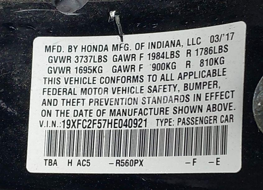 Photo 9 of 2017 Honda Civic LX (VIN 19XFC2F57HE040921)