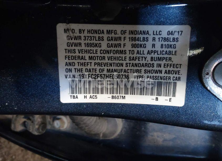 Photo 9 of 2017 Honda Civic LX (VIN 19XFC2F57HE050736)