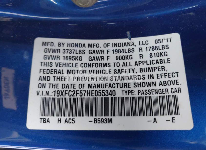 Photo 9 of 2017 Honda Civic LX (VIN 19XFC2F57HE055340)
