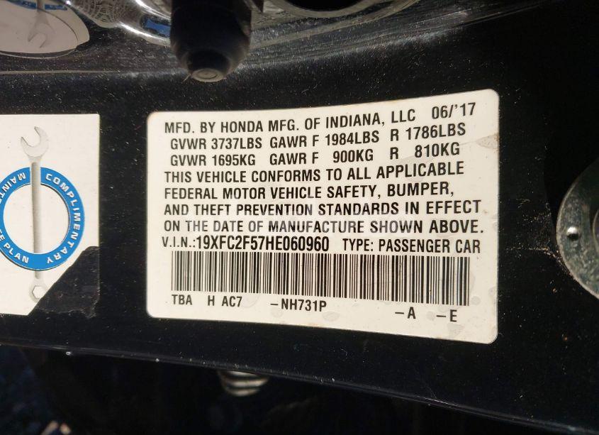 Photo 9 of 2017 Honda Civic LX (VIN 19XFC2F57HE060960)