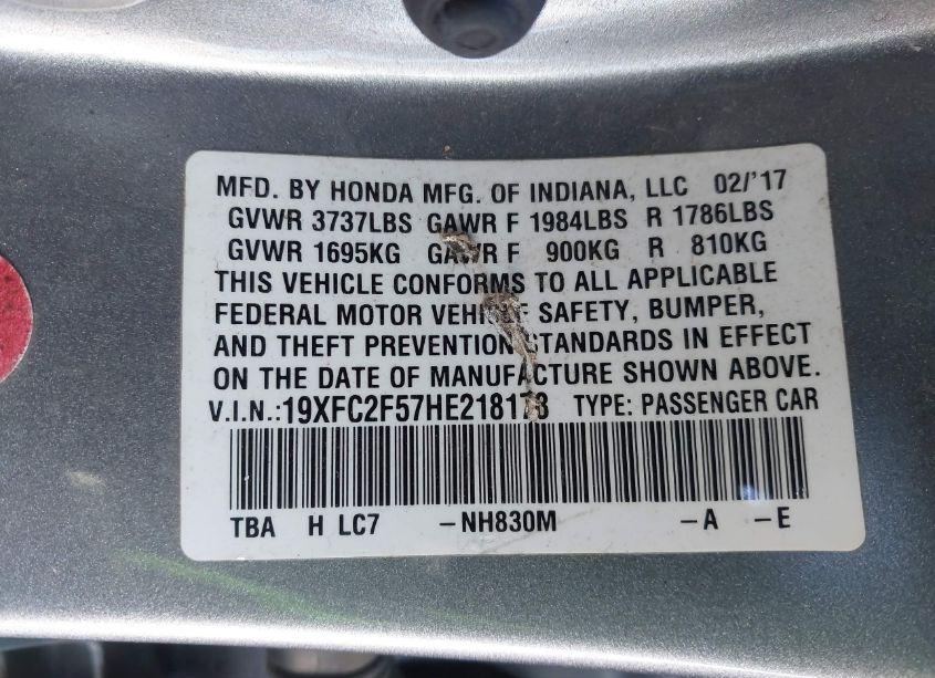 Photo 9 of 2017 Honda Civic LX (VIN 19XFC2F57HE218178)