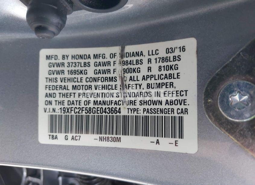 Photo 9 of 2016 Honda Civic LX (VIN 19XFC2F58GE043664)
