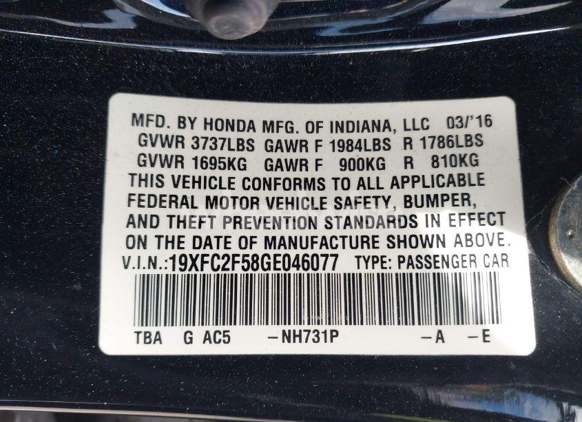 Photo 9 of 2016 Honda Civic LX (VIN 19XFC2F58GE046077)