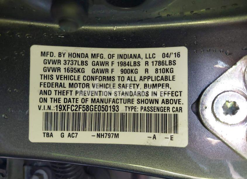 Photo 9 of 2016 Honda Civic LX (VIN 19XFC2F58GE050193)