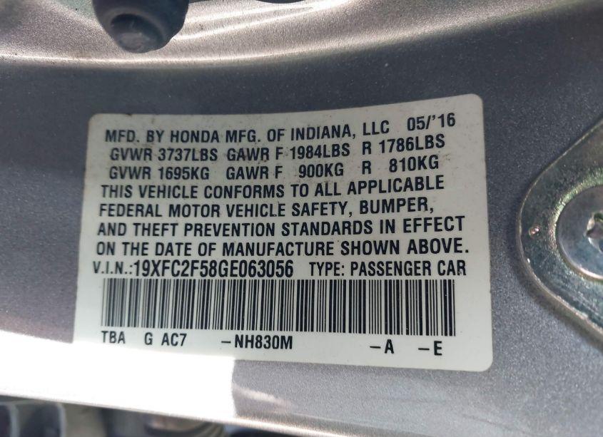 Photo 9 of 2016 Honda Civic LX (VIN 19XFC2F58GE063056)