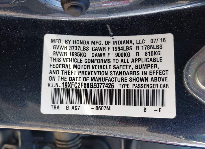 Photo 9 of 2016 Honda Civic LX (VIN 19XFC2F58GE077426)