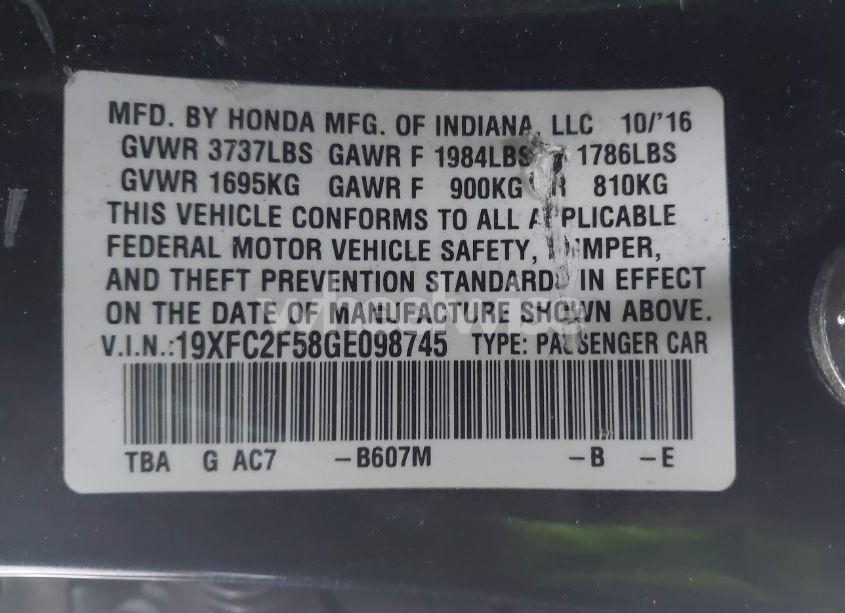 Photo 9 of 2016 Honda Civic LX (VIN 19XFC2F58GE098745)