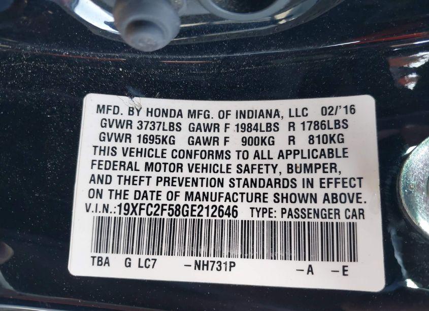 Photo 9 of 2016 Honda Civic LX (VIN 19XFC2F58GE212646)