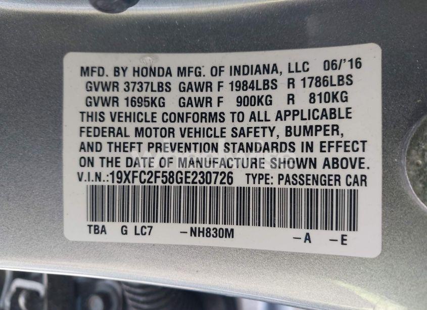 Photo 9 of 2016 Honda Civic LX (VIN 19XFC2F58GE230726)