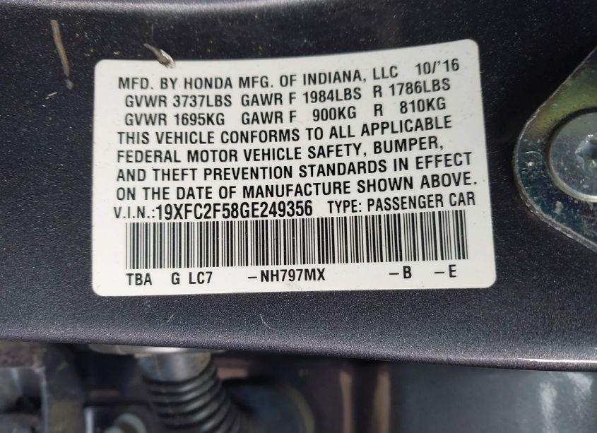 Photo 9 of 2016 Honda Civic LX (VIN 19XFC2F58GE249356)