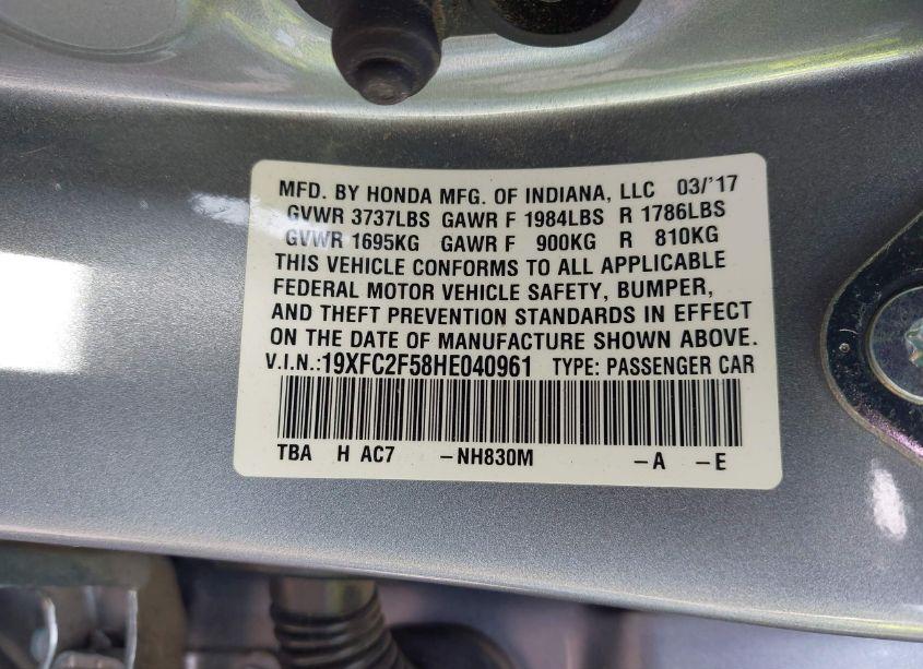 Photo 9 of 2017 Honda Civic LX (VIN 19XFC2F58HE040961)