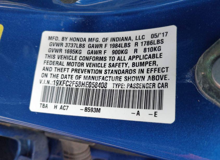 Photo 9 of 2017 Honda Civic LX (VIN 19XFC2F58HE058408)