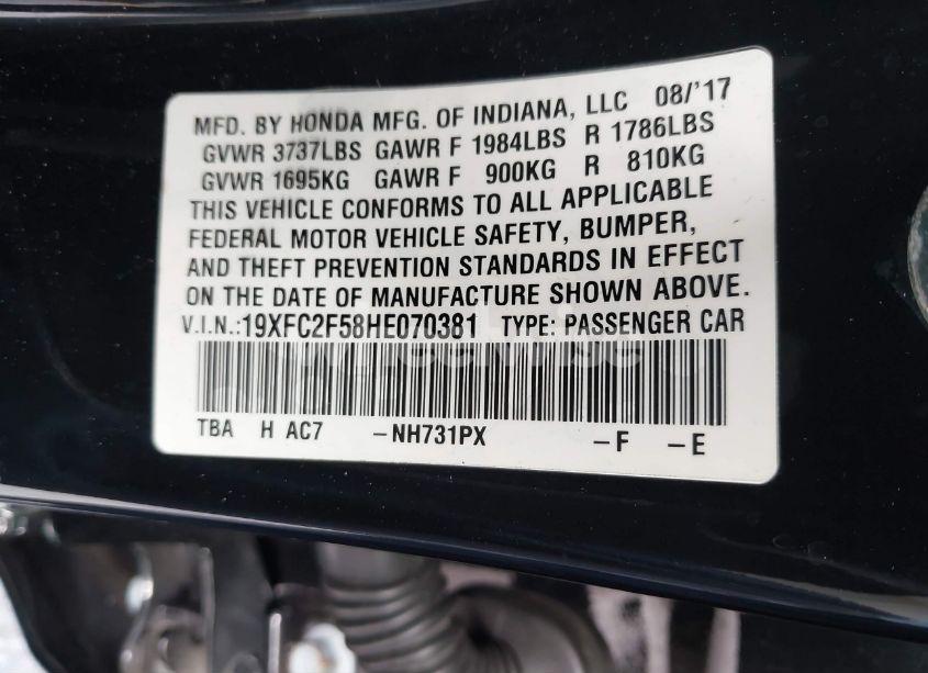 Photo 9 of 2017 Honda Civic LX (VIN 19XFC2F58HE070381)