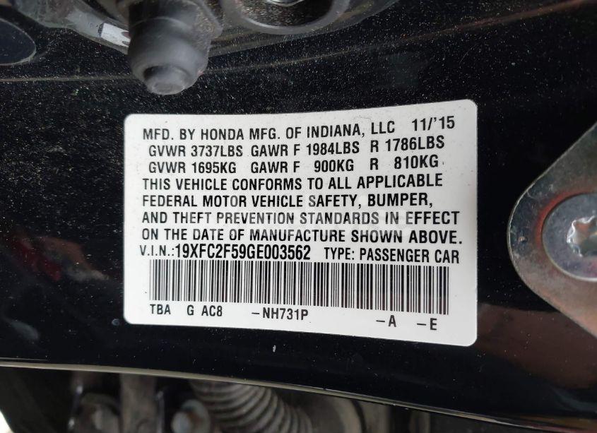 Photo 9 of 2016 Honda Civic LX (VIN 19XFC2F59GE003562)