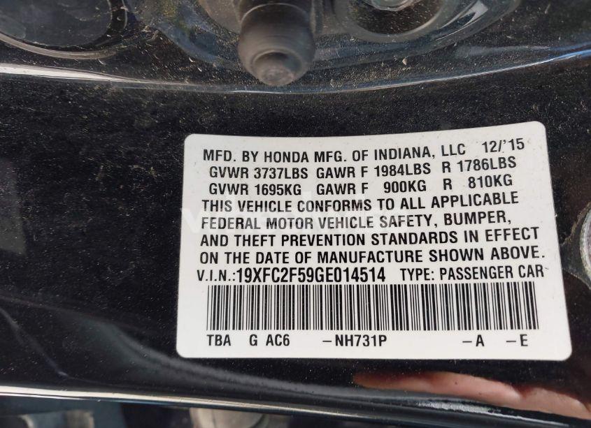 Photo 9 of 2016 Honda Civic LX (VIN 19XFC2F59GE014514)