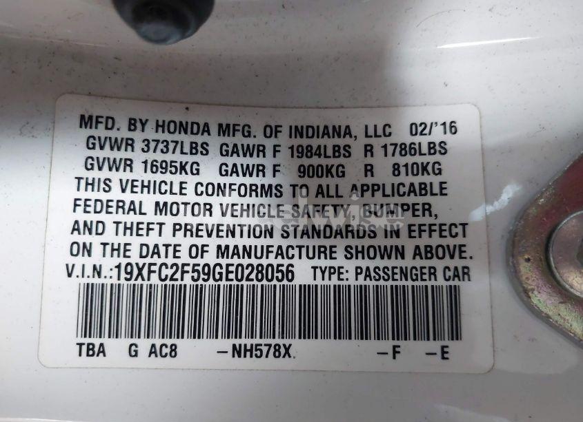 Photo 9 of 2016 Honda Civic LX (VIN 19XFC2F59GE028056)