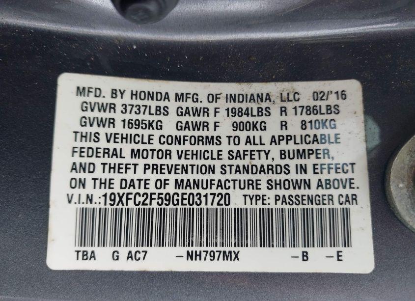 Photo 9 of 2016 Honda Civic LX (VIN 19XFC2F59GE031720)